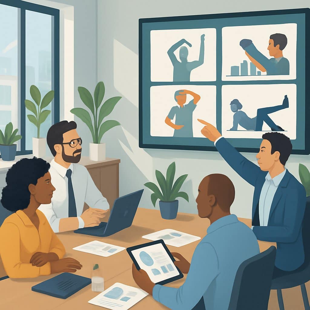 A group of professionals discussing corrective exercise case studies around a table with laptops and charts in a bright office.