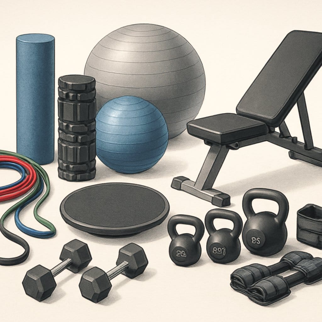 A collection of various corrective exercise tools and equipment including resistance bands, foam rollers, stability balls, balance boards, kettlebells, dumbbells, benches, and ankle weights arranged neatly.
