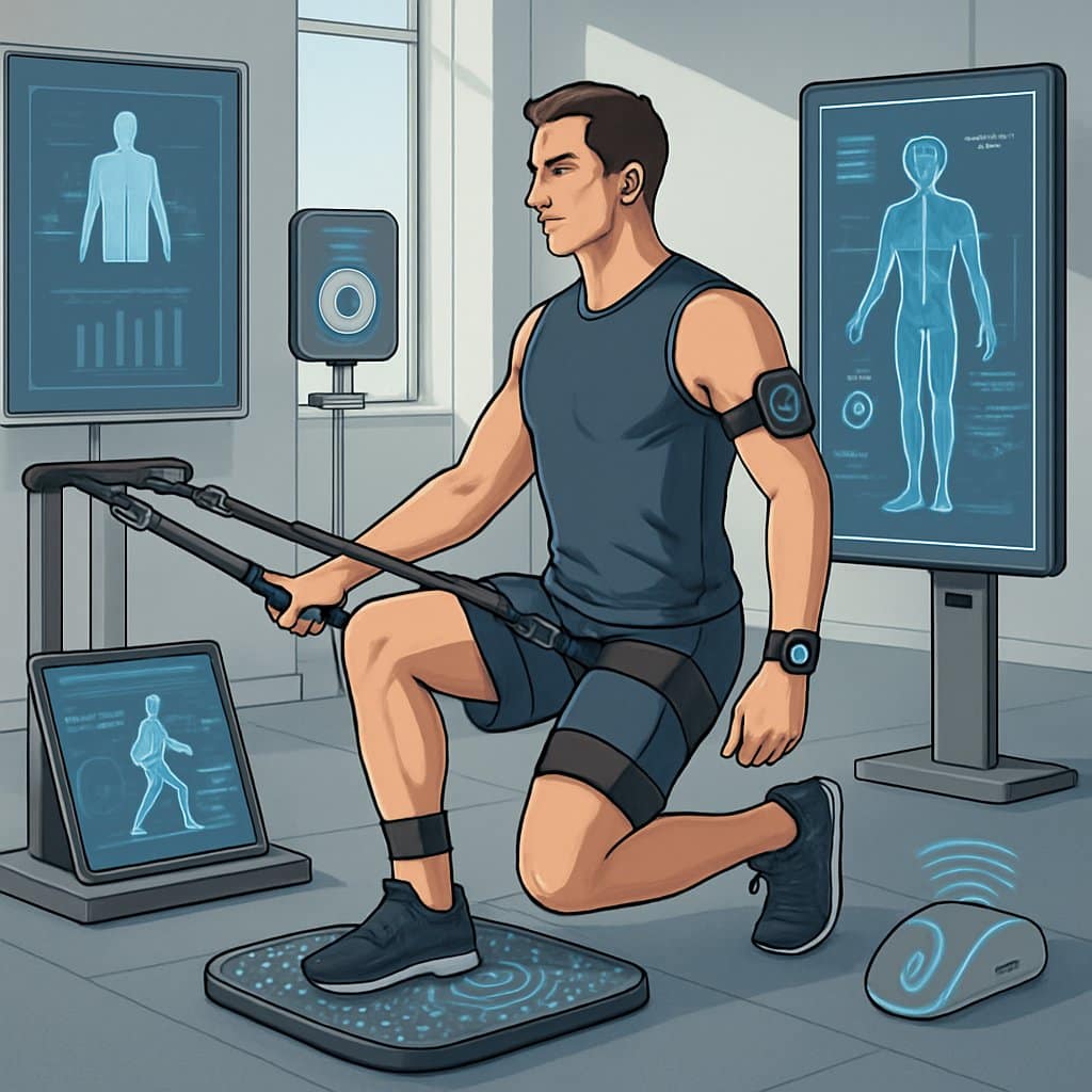 A person using advanced corrective exercise equipment with digital sensors and screens displaying real-time feedback in a modern gym setting.