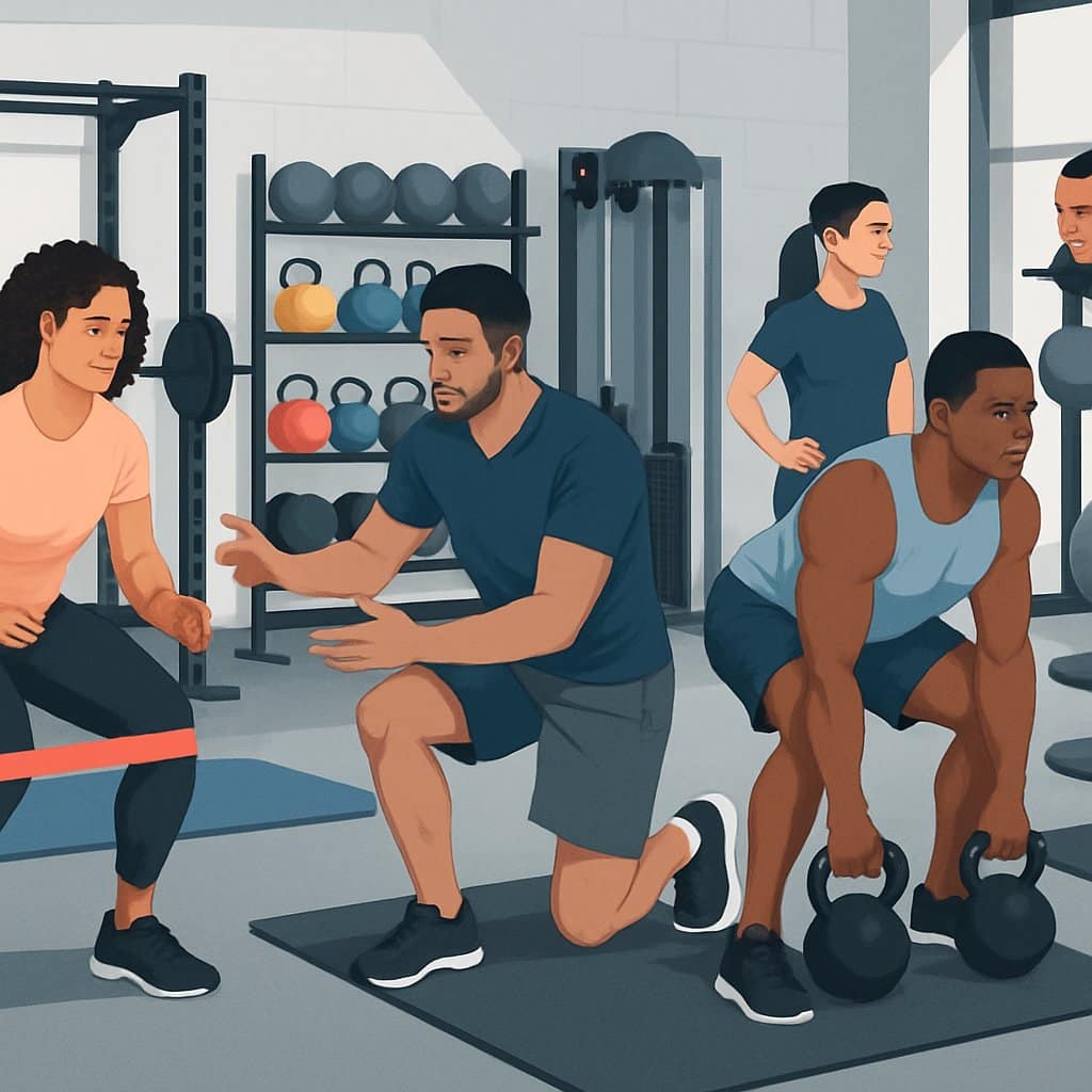 A gym scene showing athletes and trainers using equipment like resistance bands, kettlebells, and medicine balls for strength training and corrective exercises.