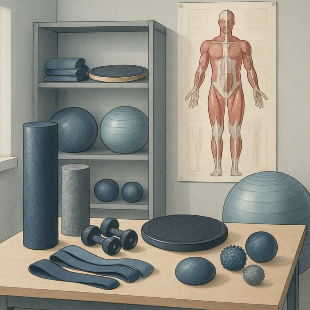 A workspace displaying various corrective exercise tools like foam rollers, resistance bands, dumbbells, balance boards, and an anatomical model showing muscles and joints.