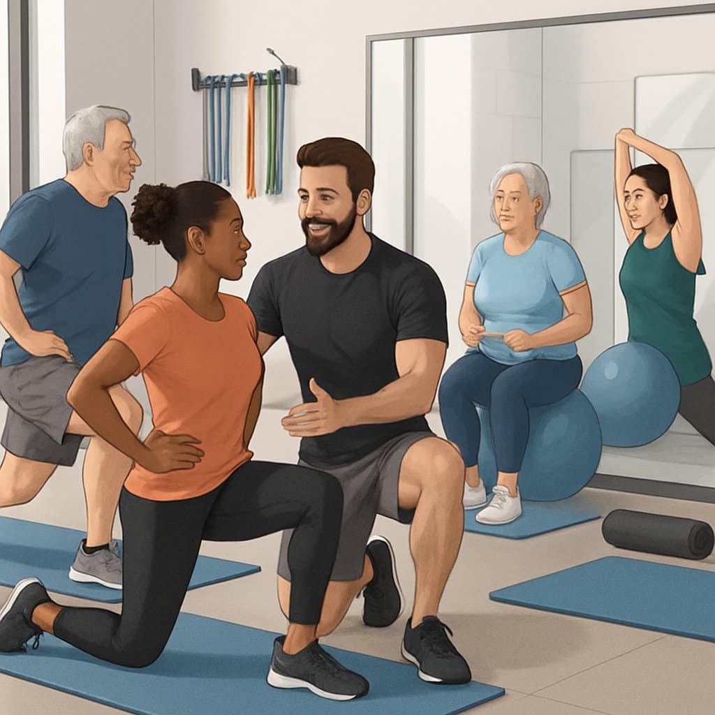 A fitness trainer guiding a group of diverse people through exercises that improve posture and balance in a gym setting.