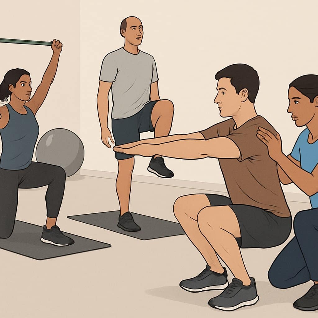 A trainer observes and corrects a person’s squat posture while others perform movement assessments in a gym setting with fitness equipment.