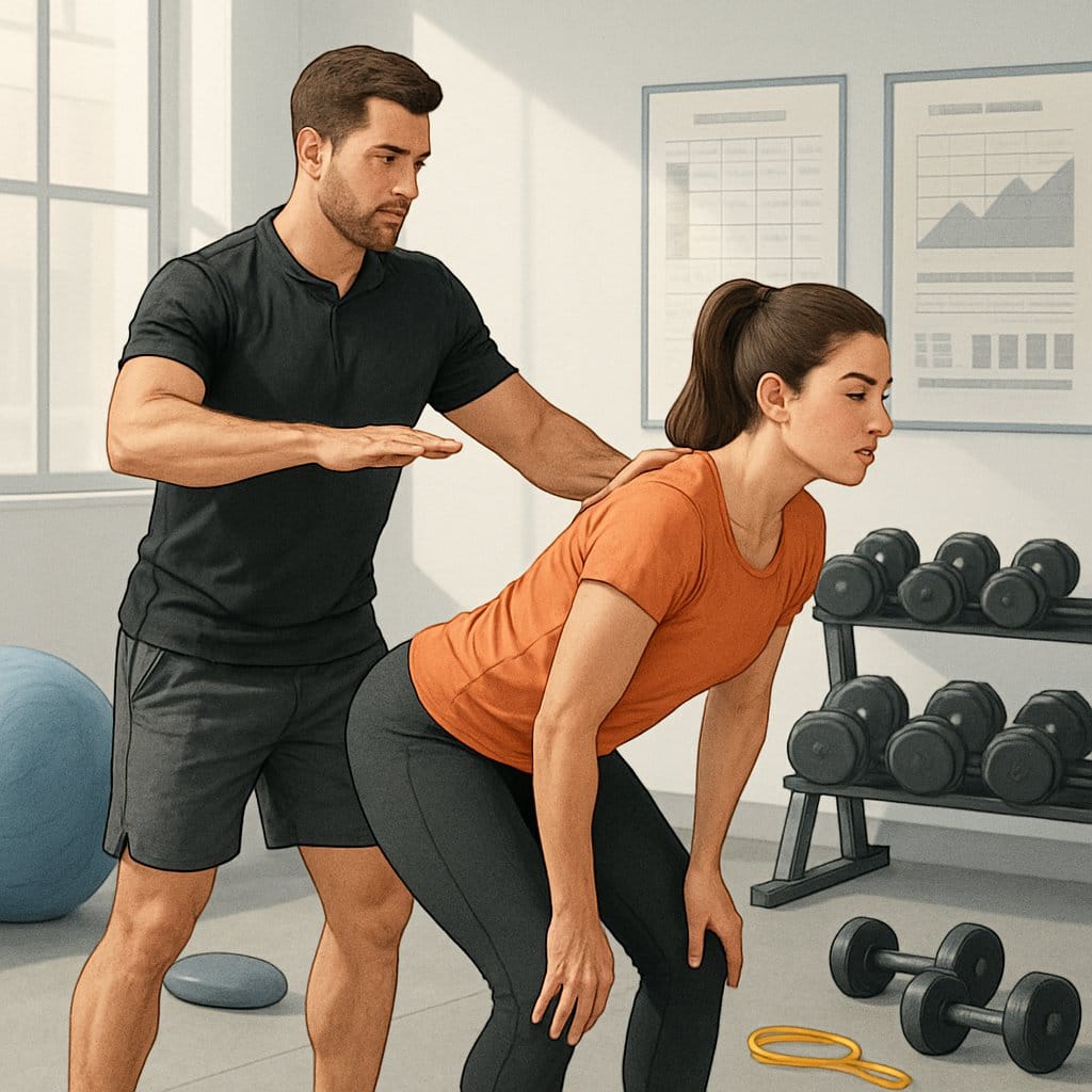 A fitness trainer instructing a client on corrective exercises in a gym with exercise equipment around them.