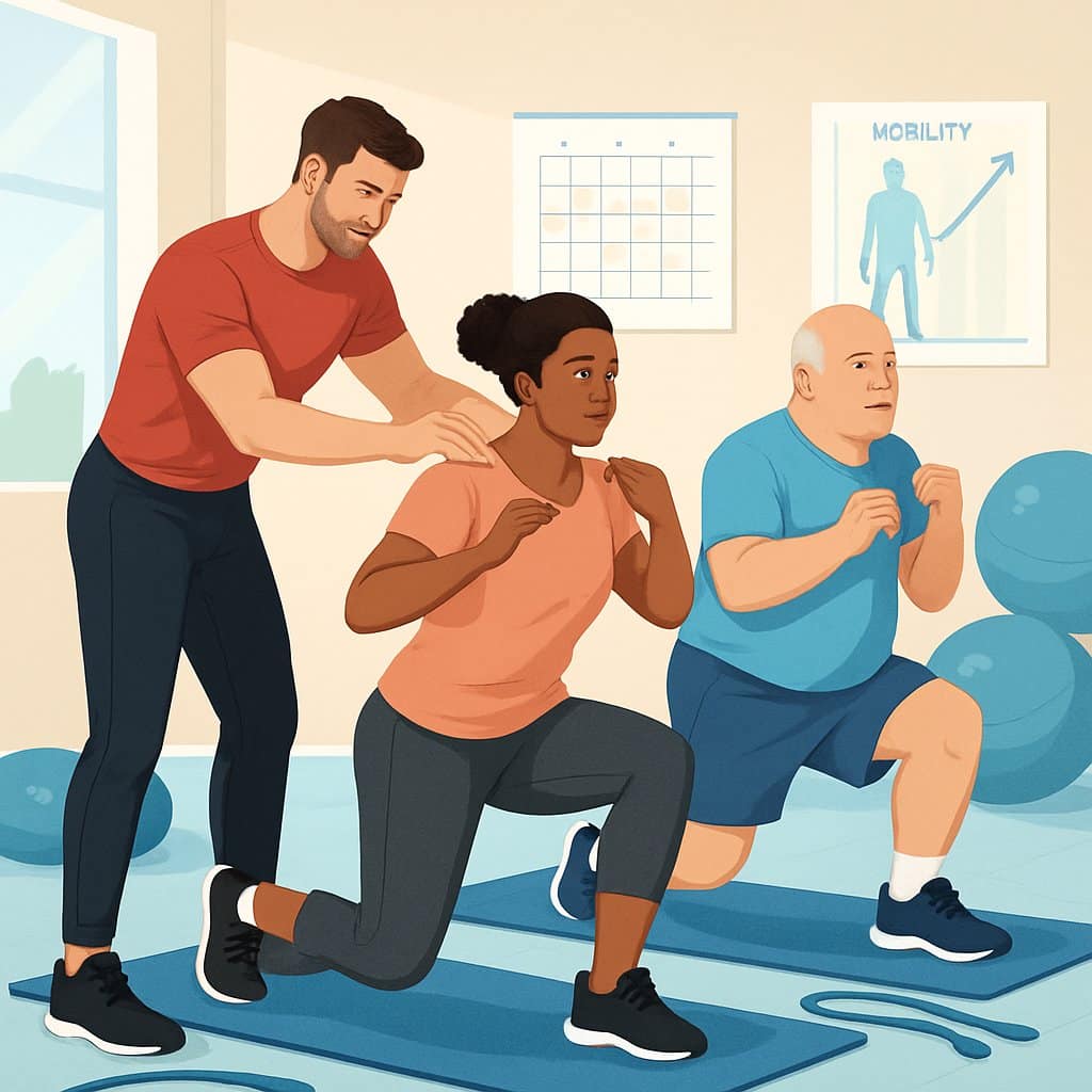 A fitness trainer instructing a diverse group of adults performing corrective exercises in a modern gym setting, focusing on proper posture and movement.