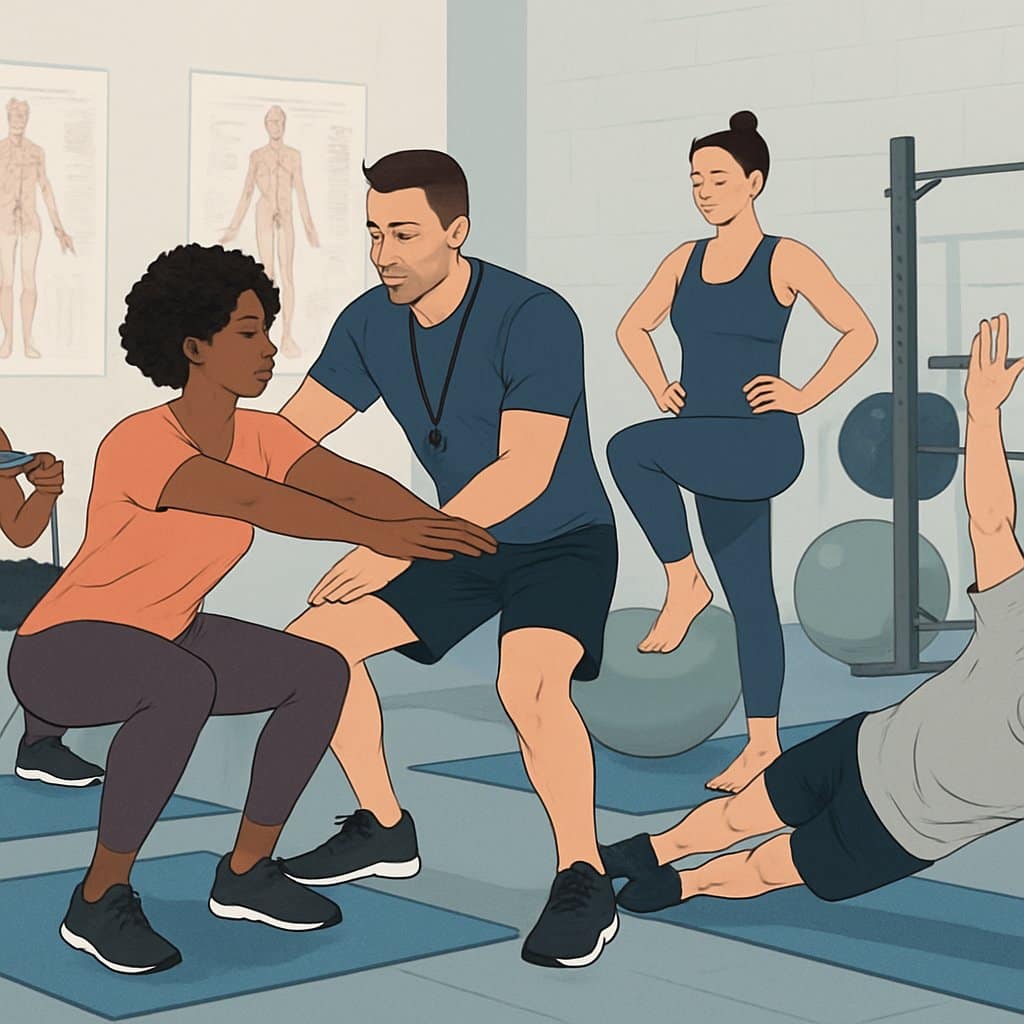 A fitness coach demonstrating corrective exercises to a group of people in a gym, focusing on proper posture and movement.
