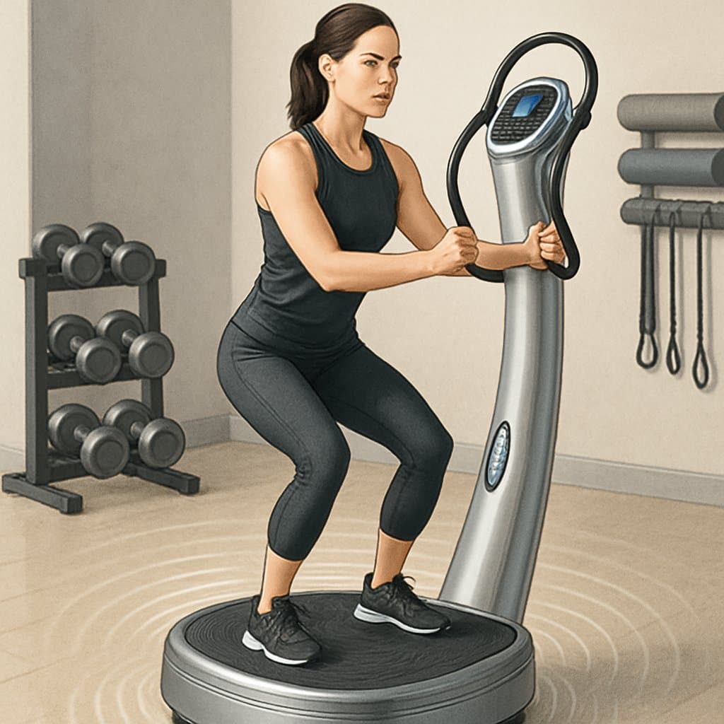 A person standing on a Power Plate vibration machine in a gym, demonstrating whole-body vibration training.