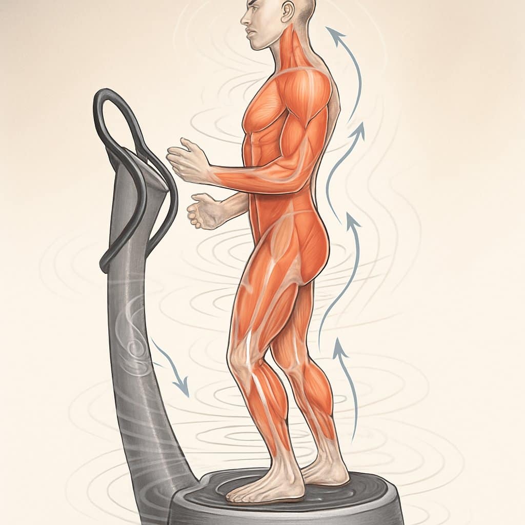 A person standing on a vibration platform with visible waves traveling through their body, highlighting muscle activation during whole-body vibration training.