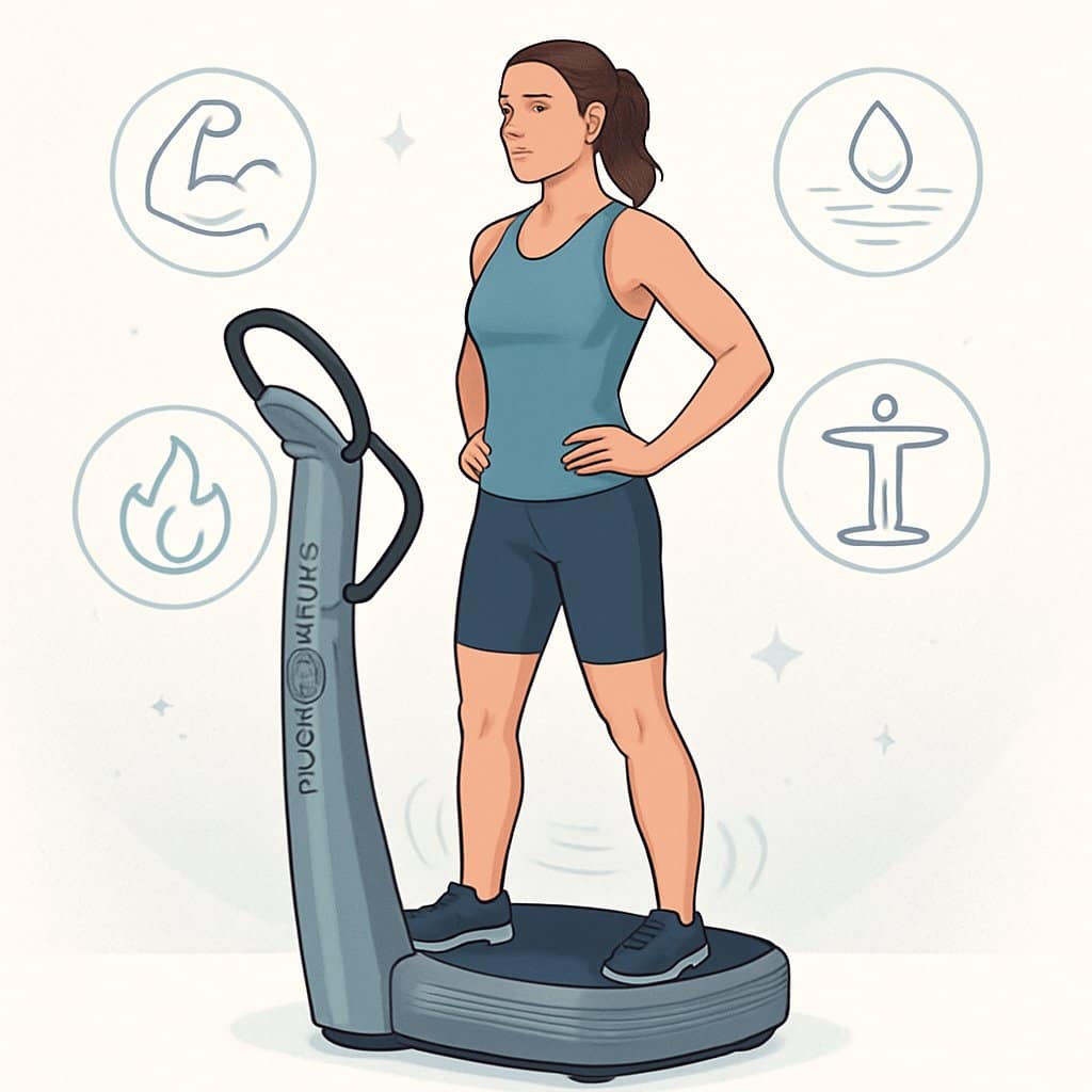 A fit person standing on a vibrating exercise platform with icons around showing health and fitness benefits.