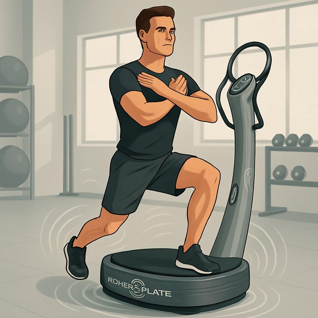 A person standing on a Power Plate machine in a fitness studio, demonstrating whole-body vibration exercise with vibration waves shown around the platform.
