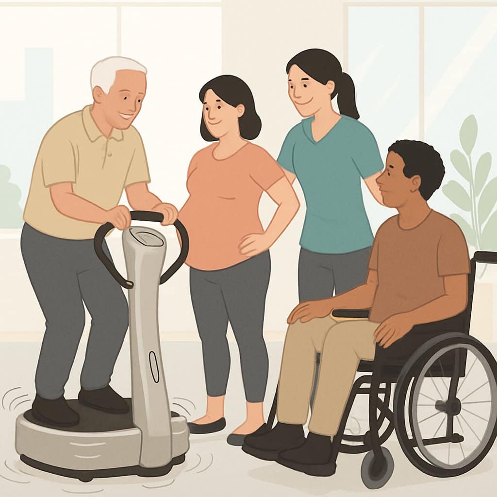 A group of diverse people, including an elderly person, a pregnant woman, and a person with a disability, using a Power Plate vibration machine in a gym with a trainer supervising.