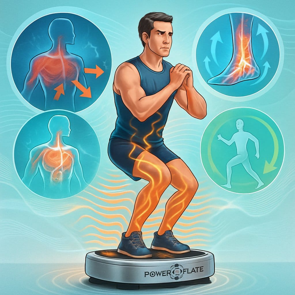 An athletic person standing on a Power Plate vibration platform with visual elements showing muscle activation, improved circulation, and enhanced balance around them.