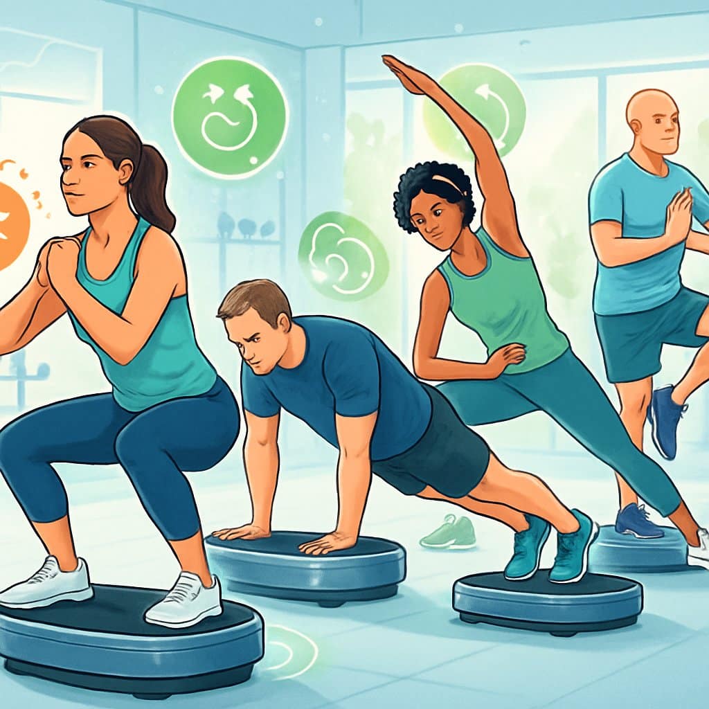 A group of people exercising on Power Plate machines in a gym, demonstrating strength, balance, and flexibility benefits.