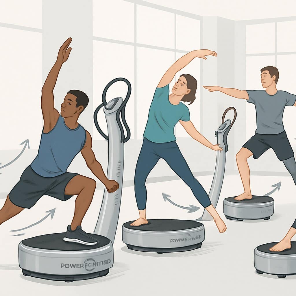 A group of adults exercising on Power Plate machines in a gym, demonstrating improved flexibility and range of motion through dynamic stretching and balanced poses.