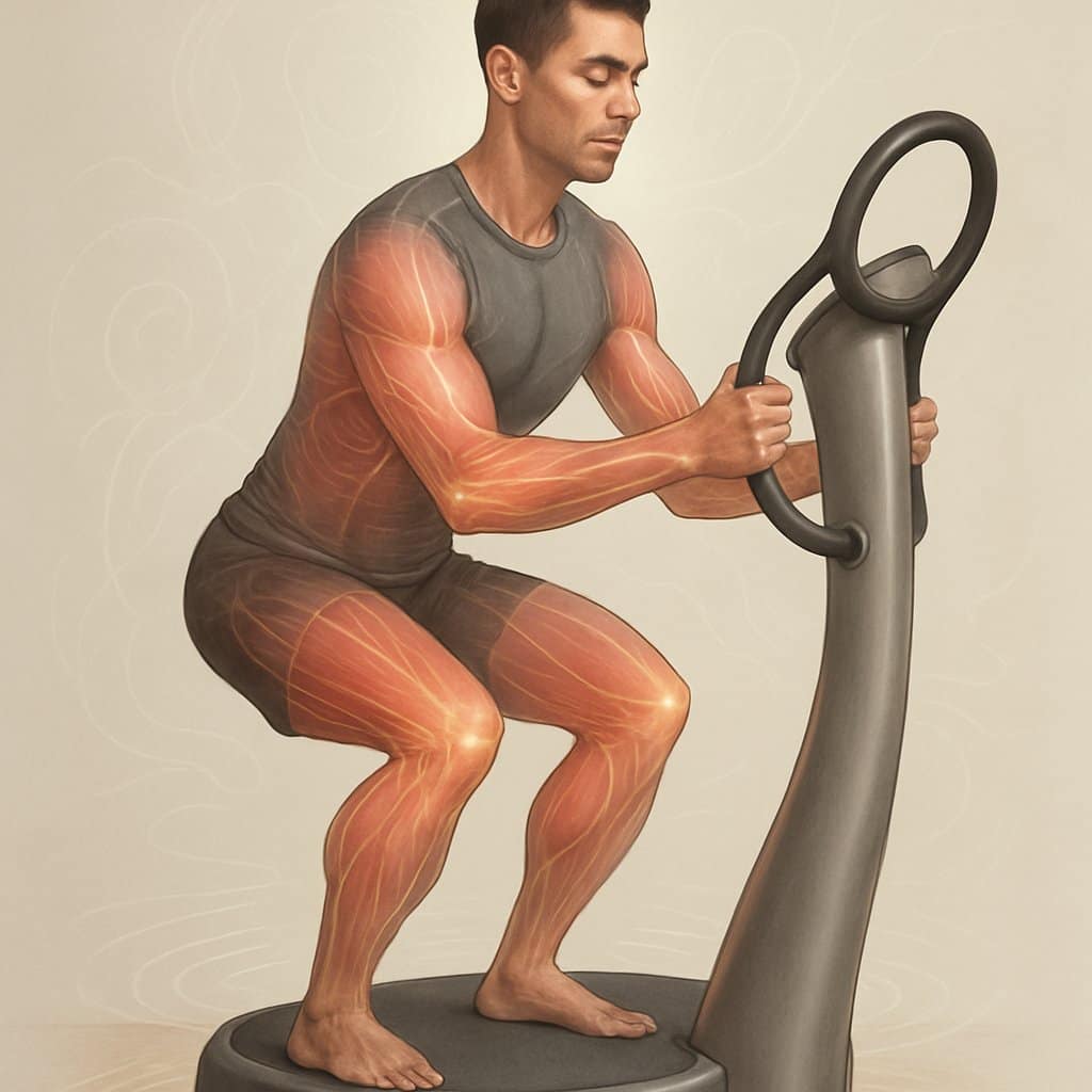 A person standing on a Power Plate machine with visual effects showing muscle recovery and vibration waves around them.