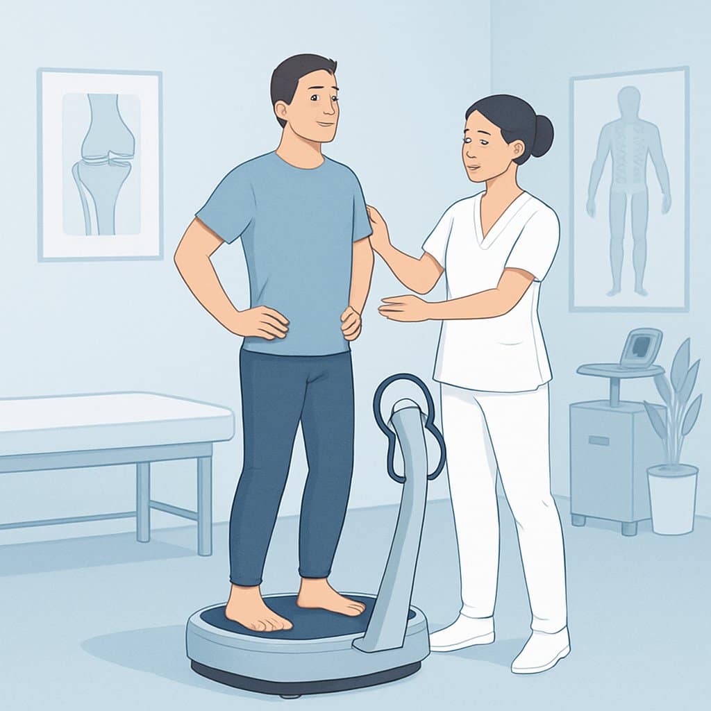 A person using a Power Plate machine for injury rehabilitation while a physical therapist provides guidance in a calm rehabilitation room.