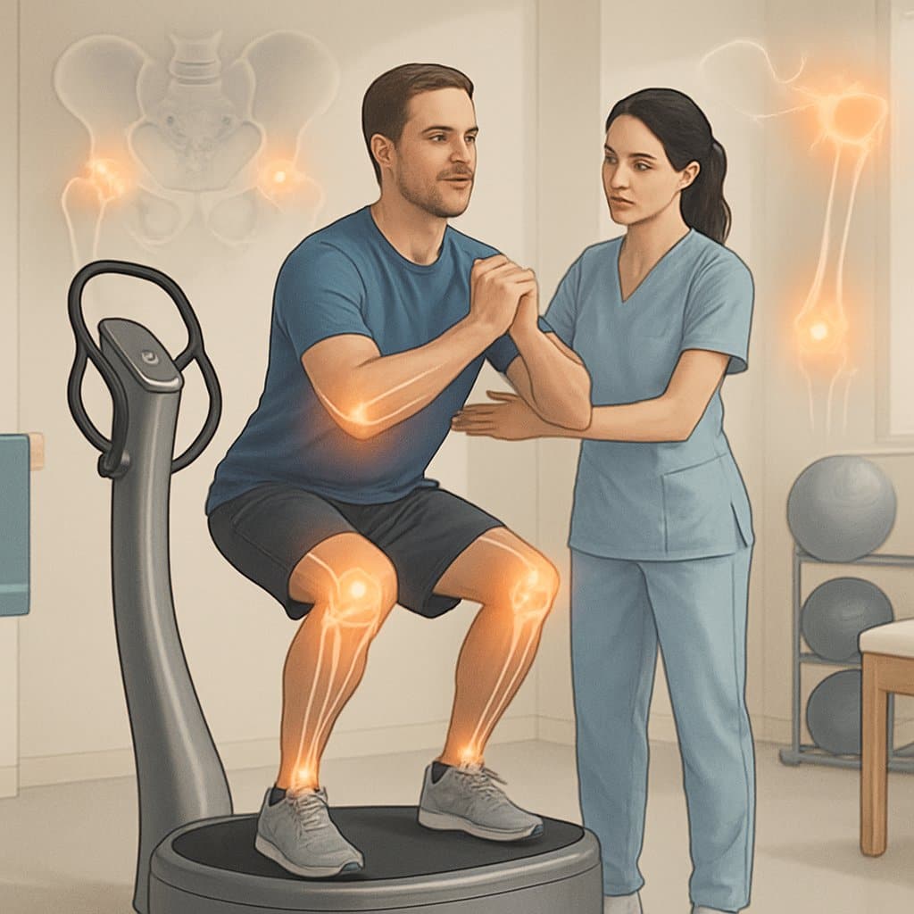 A patient standing on a vibration platform guided by a physical therapist in a rehabilitation clinic, with visual highlights on joints to represent healing and recovery.