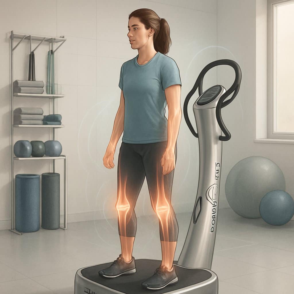 A person using a power plate machine in a rehabilitation clinic with highlighted joints, surrounded by physical therapy equipment.