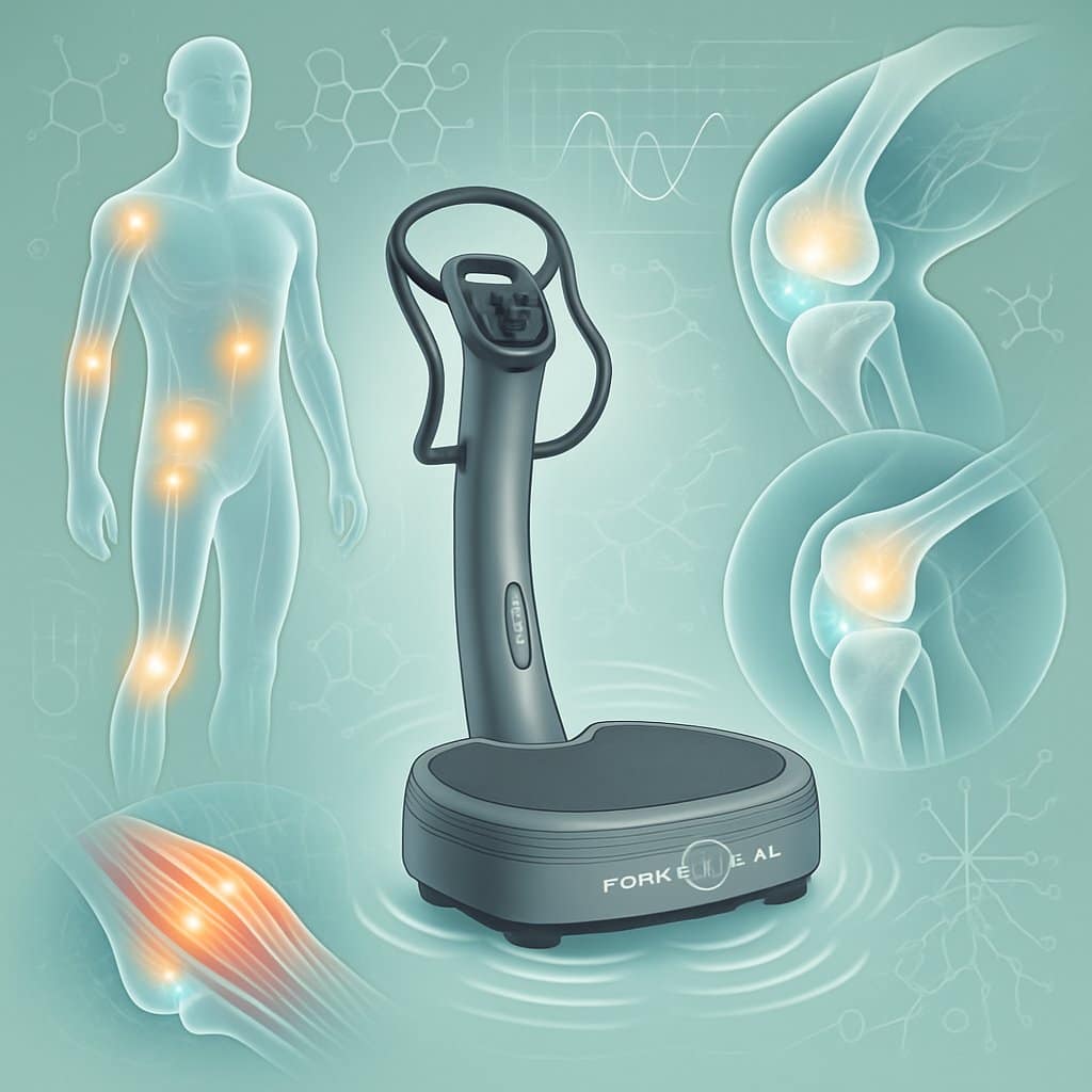 A human figure using a Power Plate device with highlighted joints and muscles, showing the effects of vibration therapy for injury rehabilitation and joint health.