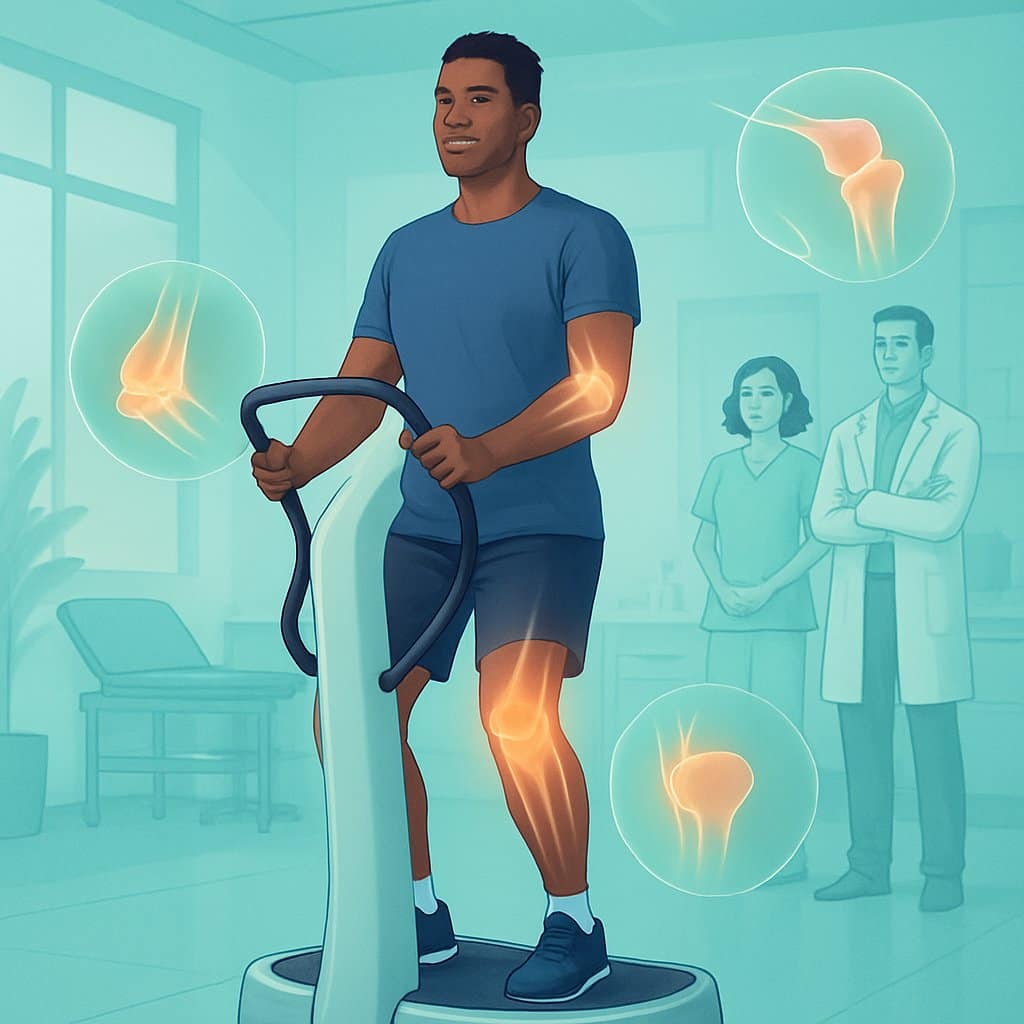 A person using a power plate machine in a rehabilitation center with medical professionals nearby and glowing outlines of joints around them.