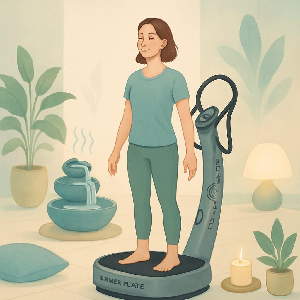 A person calmly using a Power Plate machine in a peaceful, softly lit room with plants and relaxing decor.