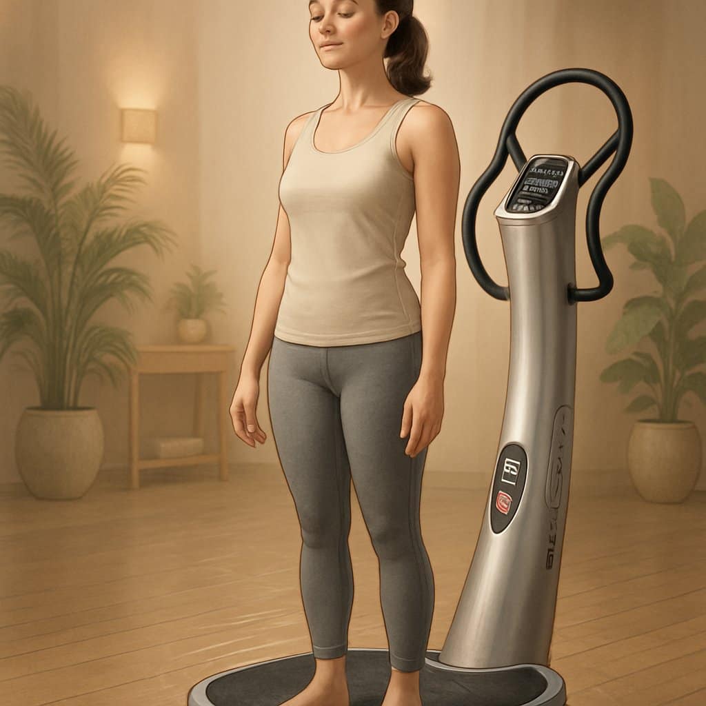 A calm woman standing barefoot on a vibration training platform in a peaceful spa-like room with plants and warm lighting.