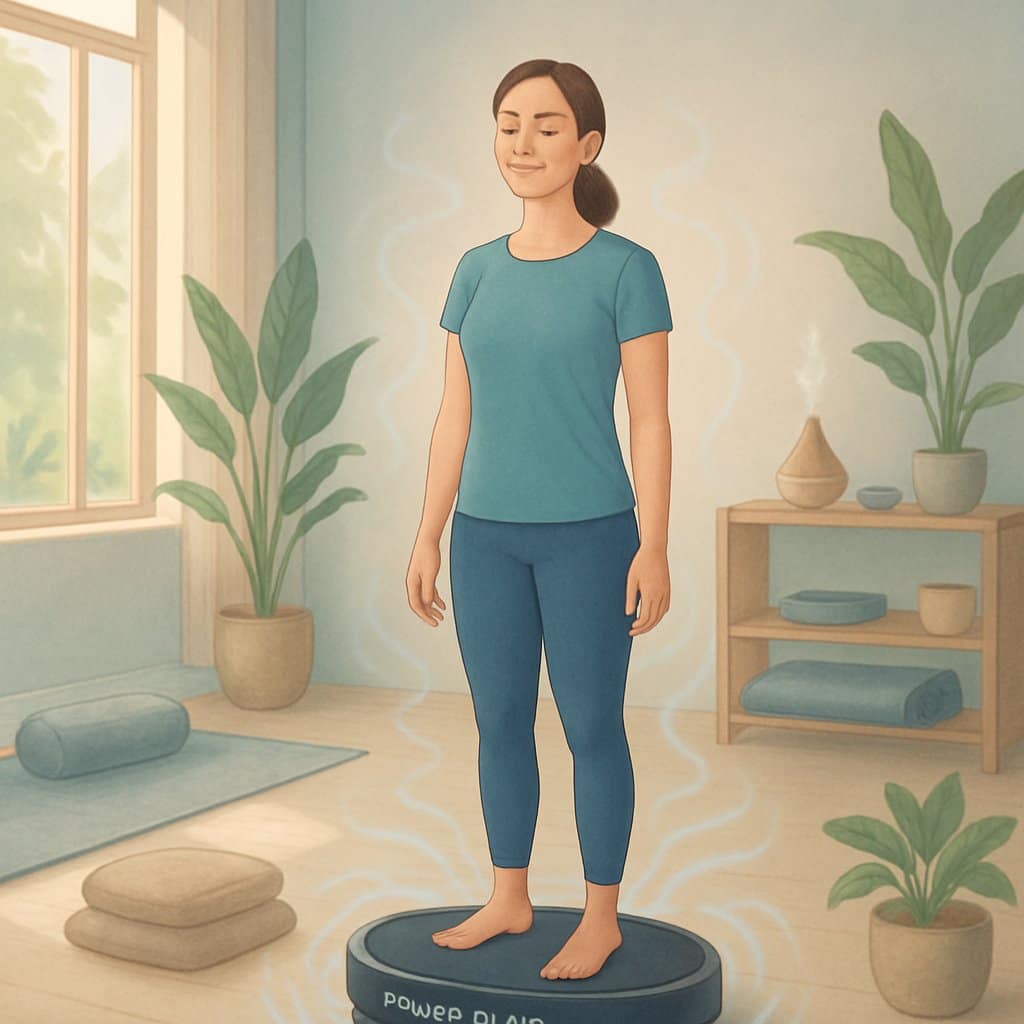 A person standing on a Power Plate machine in a calm room with plants and sunlight, appearing relaxed and peaceful as they use the device for stress relief.
