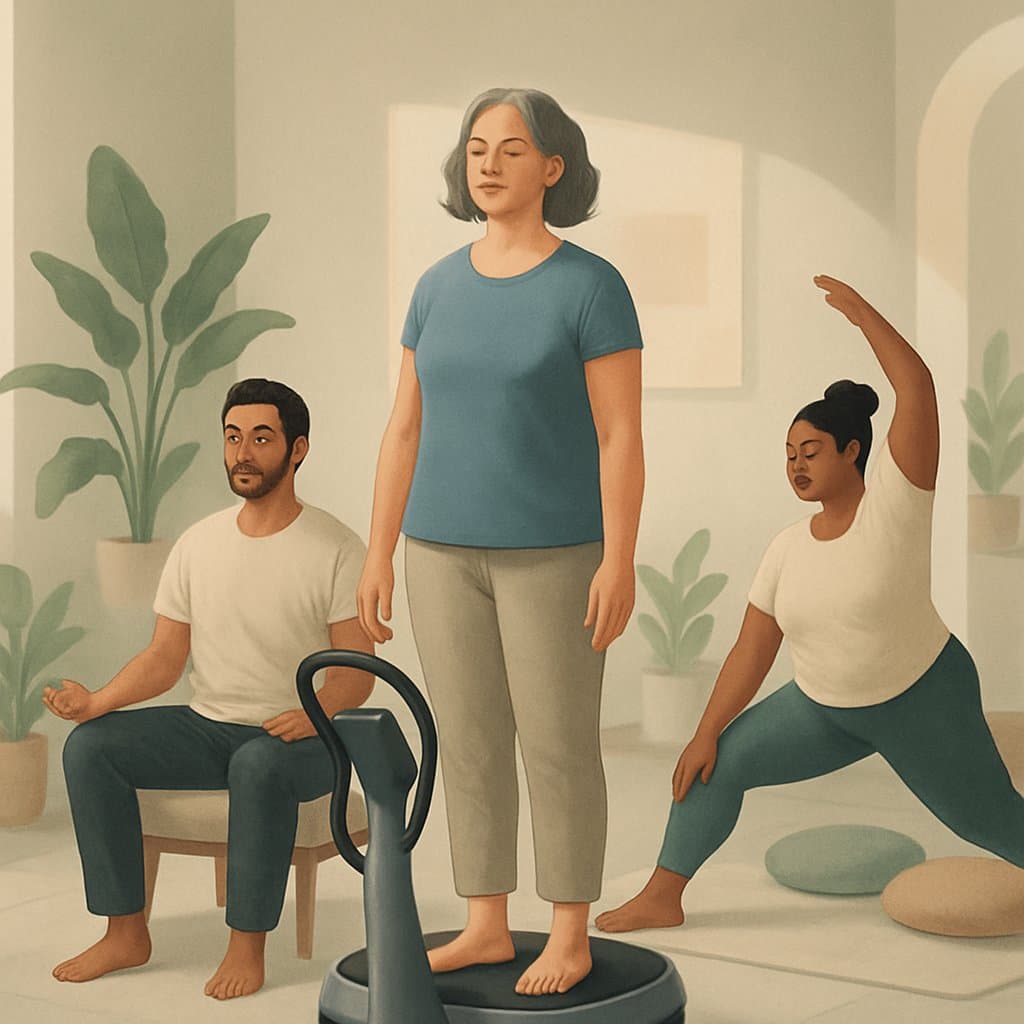 A group of people using a Power Plate machine and relaxing in a calm wellness center with plants and soft lighting.