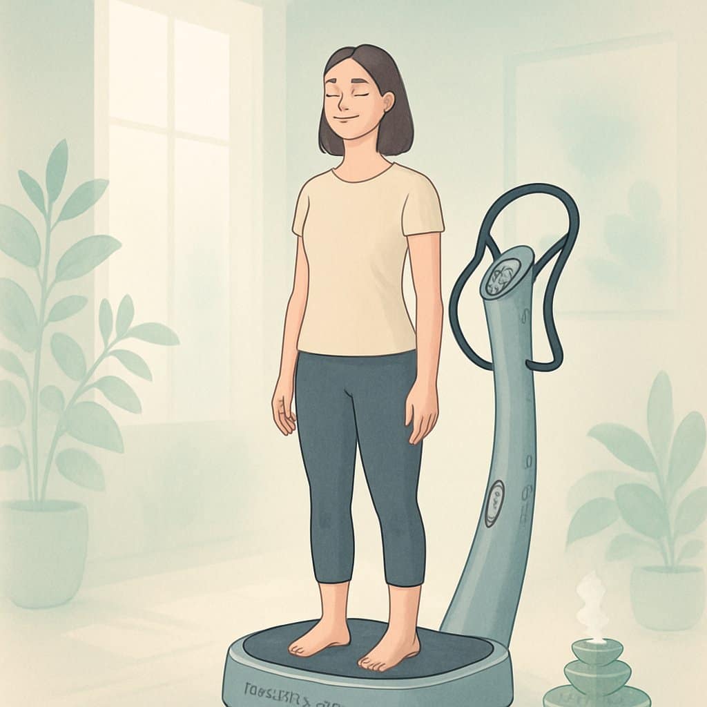 A relaxed woman standing barefoot on a Power Plate machine in a calm, minimalist room with plants and soft natural light.