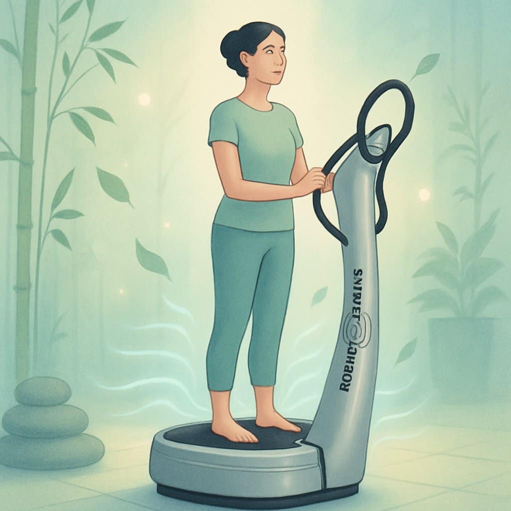 A person gently using a Power Plate machine in a peaceful spa setting surrounded by calming natural elements.