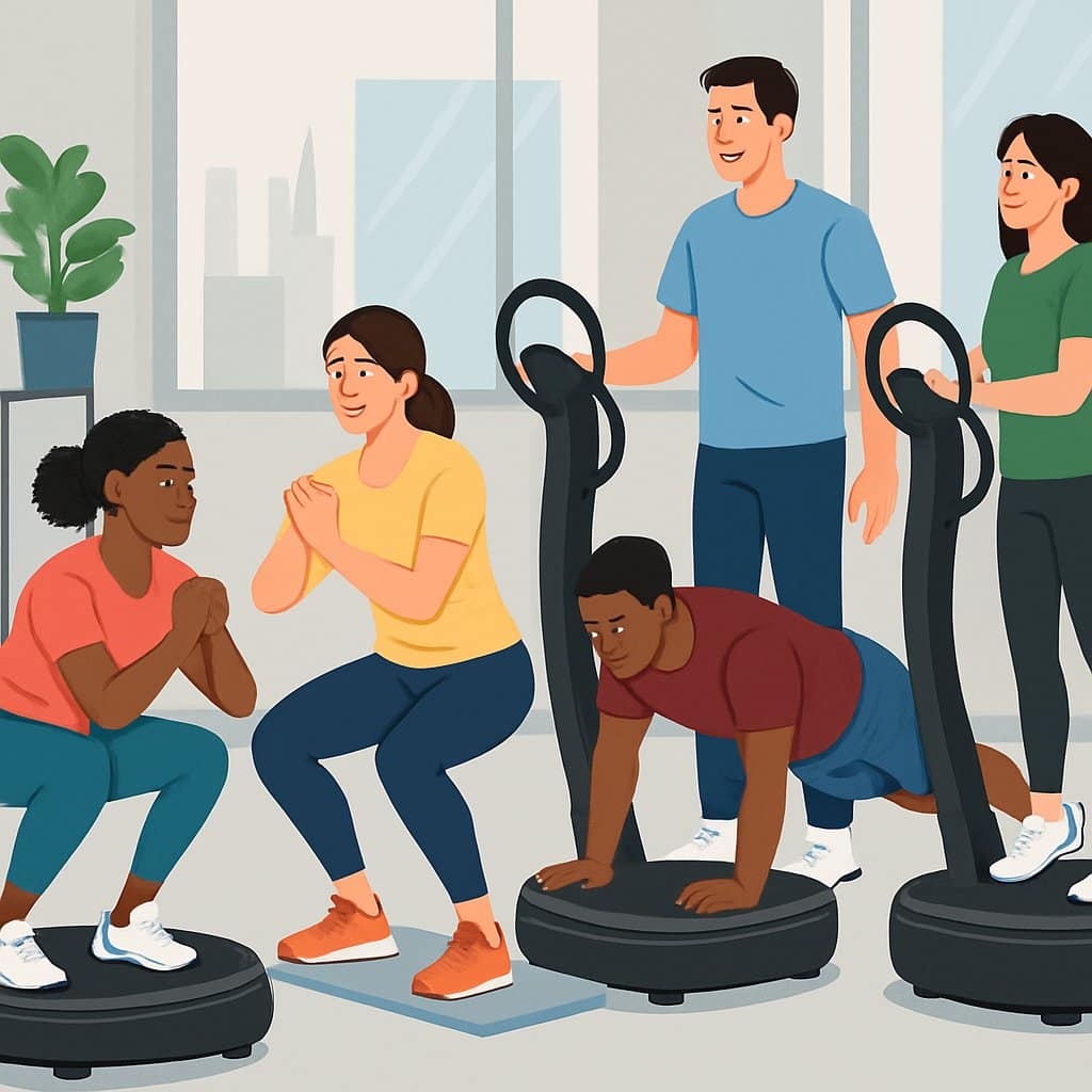 A group of beginners exercising on Power Plate machines in a gym with instructors demonstrating proper movements.