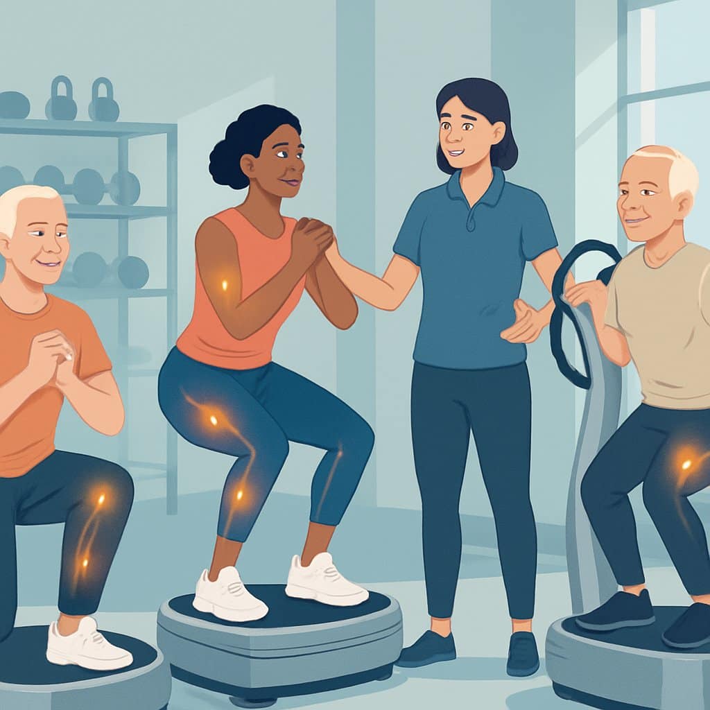 A group of diverse beginners exercising on Power Plate machines in a bright gym with a trainer guiding them.