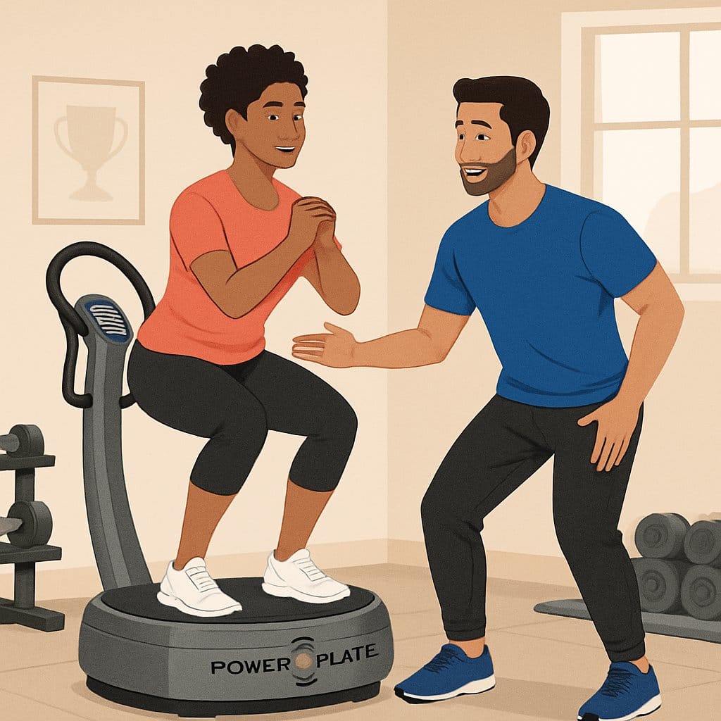 A fitness trainer guiding a beginner using a Power Plate machine in a gym.