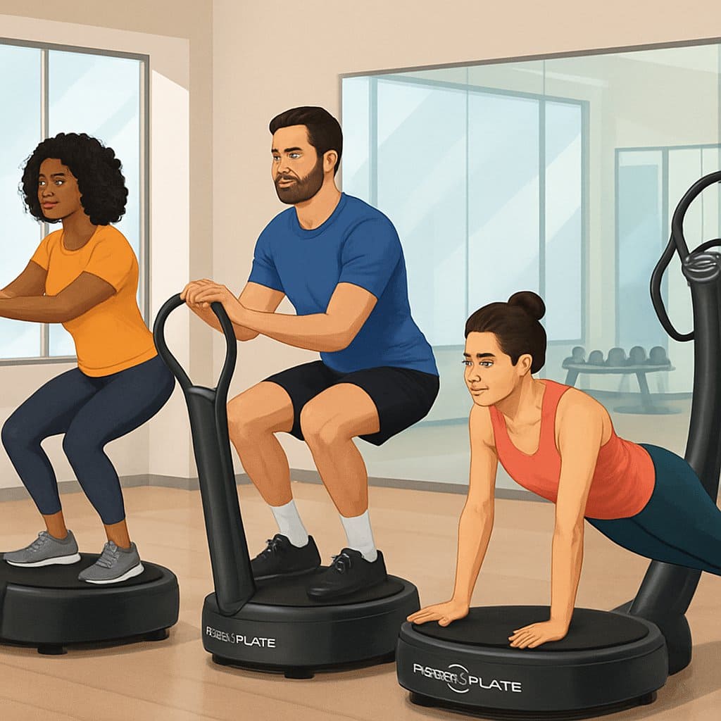 Three people performing beginner Power Plate exercises in a modern gym setting using vibrating platforms.
