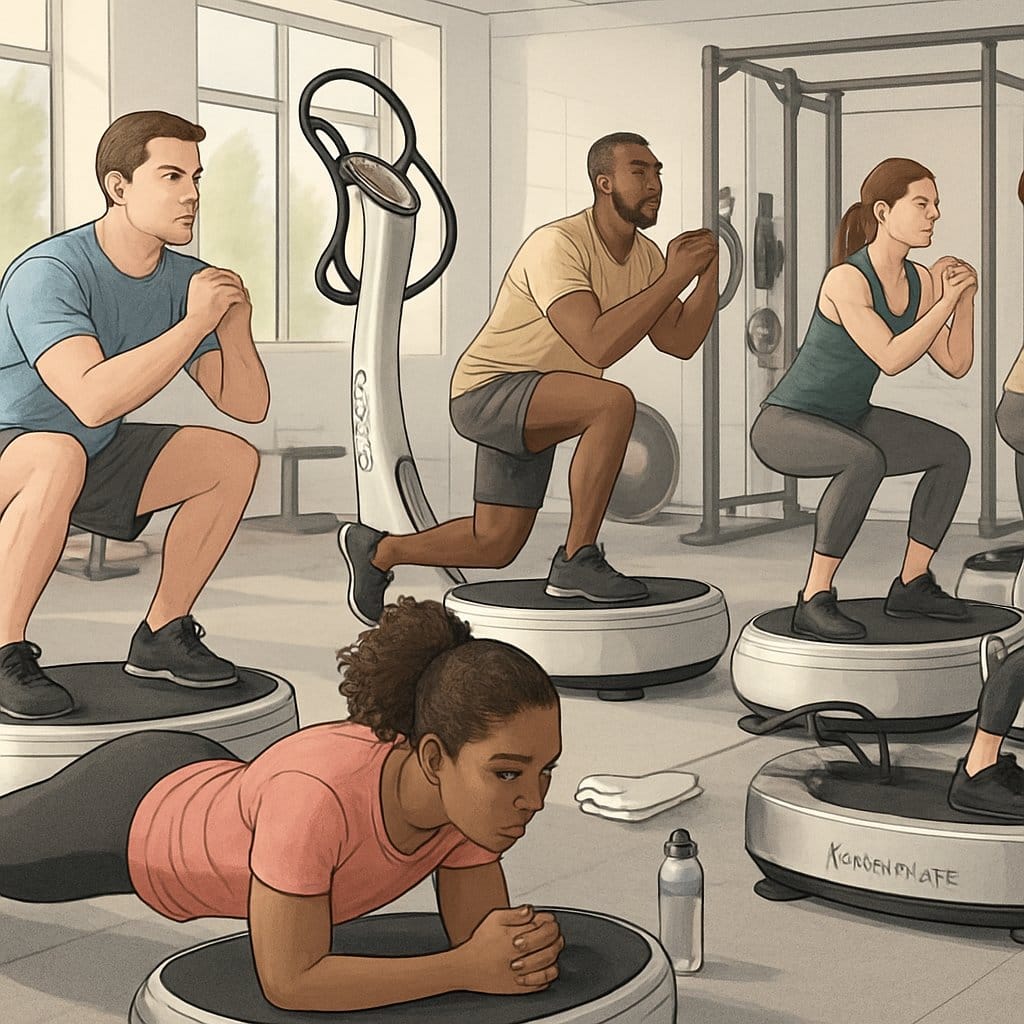 A group of people exercising on Power Plate machines in a gym, performing core and full body workouts.