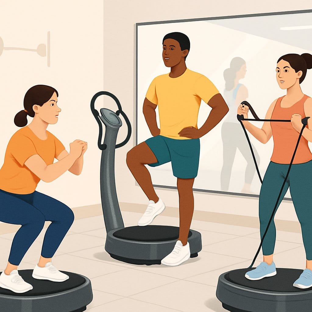 Three people performing beginner Power Plate exercises in a bright fitness studio with workout equipment around them.