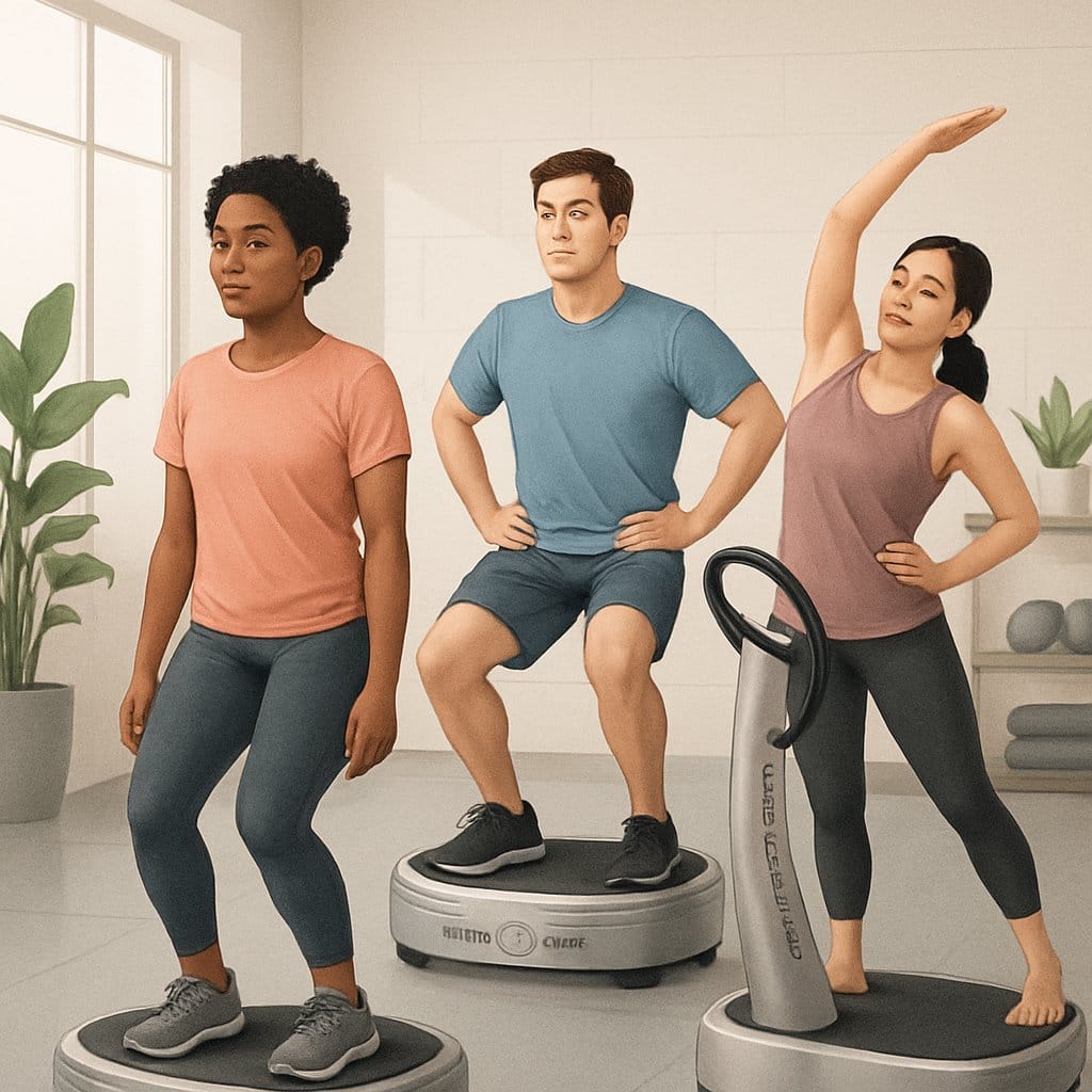Three beginners performing basic exercises on Power Plate machines in a modern gym setting.