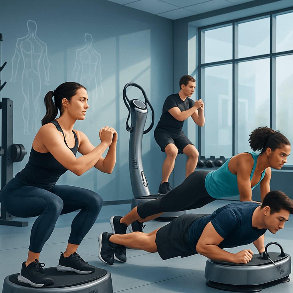 People exercising on Power Plate machines in a gym, performing squats, push-ups, and planks to build strength and improve performance.