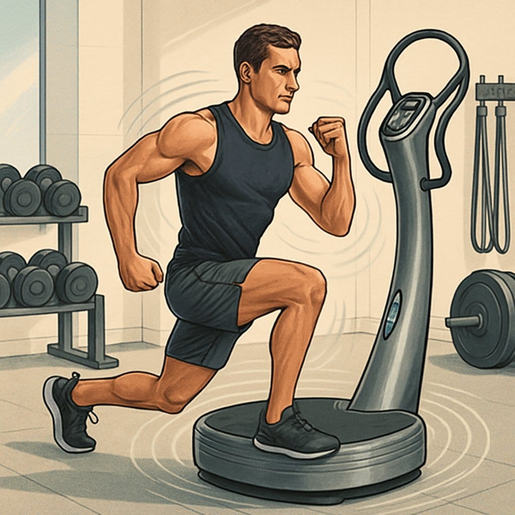 An athletic person performing an advanced workout on a Power Plate machine in a gym with vibration waves around the equipment.