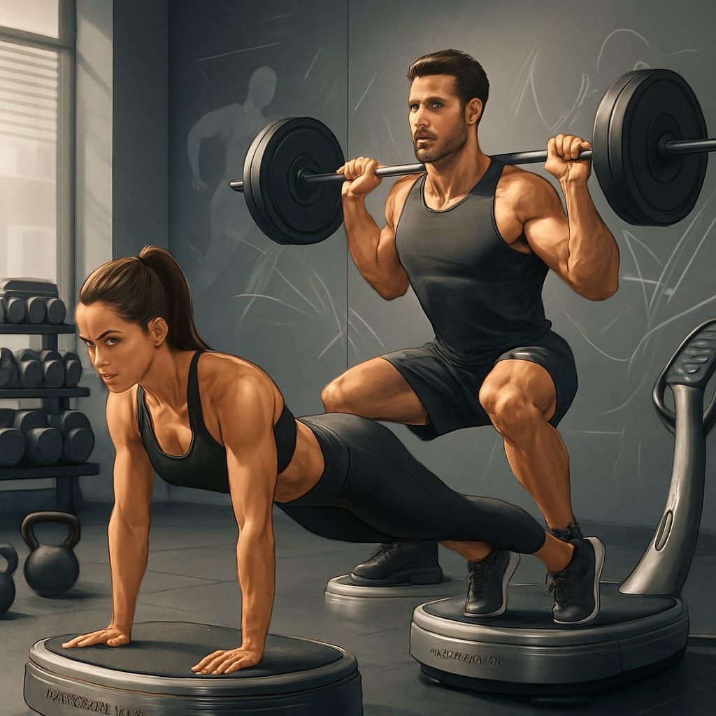 A man and a woman exercising on Power Plate machines in a gym, performing strength training exercises with equipment around them.
