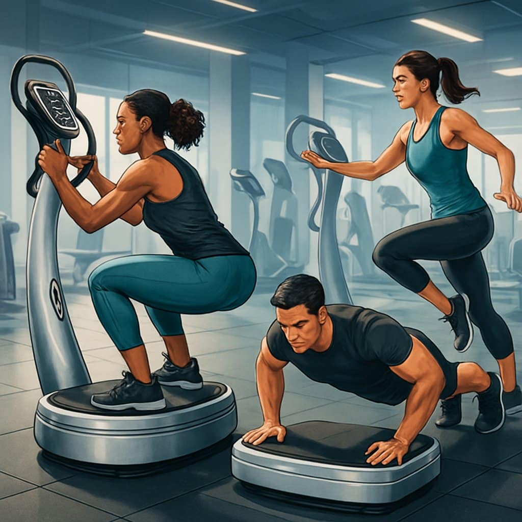 People exercising on power plate machines in a gym, performing strength and balance workouts with safety features visible.