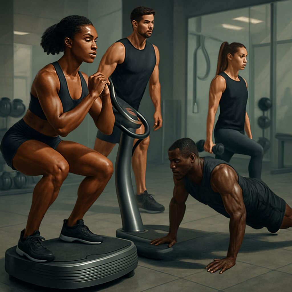 A group of athletes performing advanced strength exercises on Power Plate machines in a modern gym.