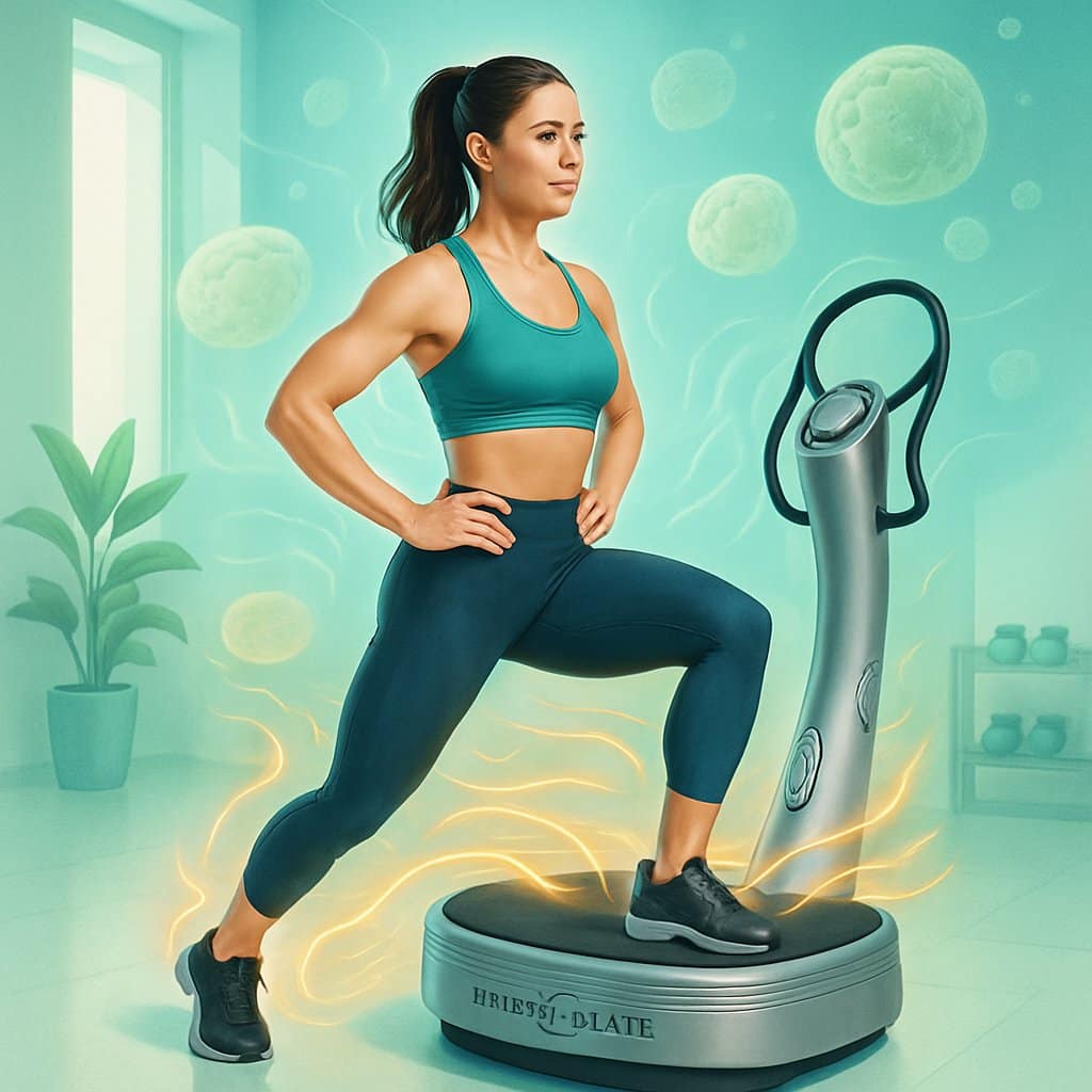 A fit woman exercising on a Power Plate machine in a bright fitness studio, demonstrating weight loss and fat burning.