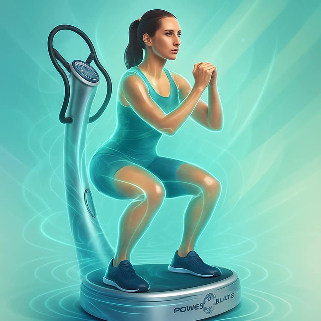 A person exercising on a Power Plate vibration machine with visual effects showing vibrations and targeted fat burning on their body.