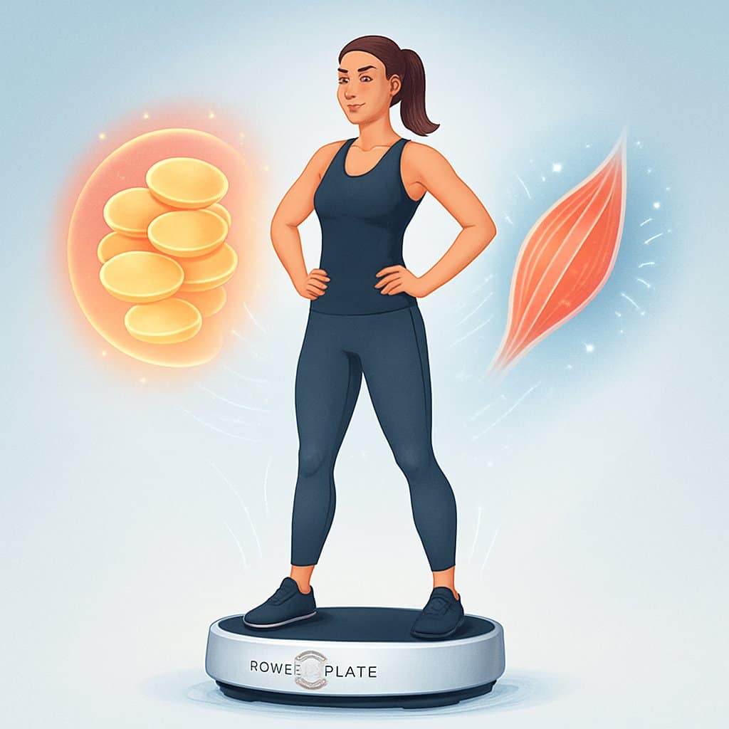 A fit person standing on a Power Plate machine with visual effects showing fat burning and muscle toning around them.