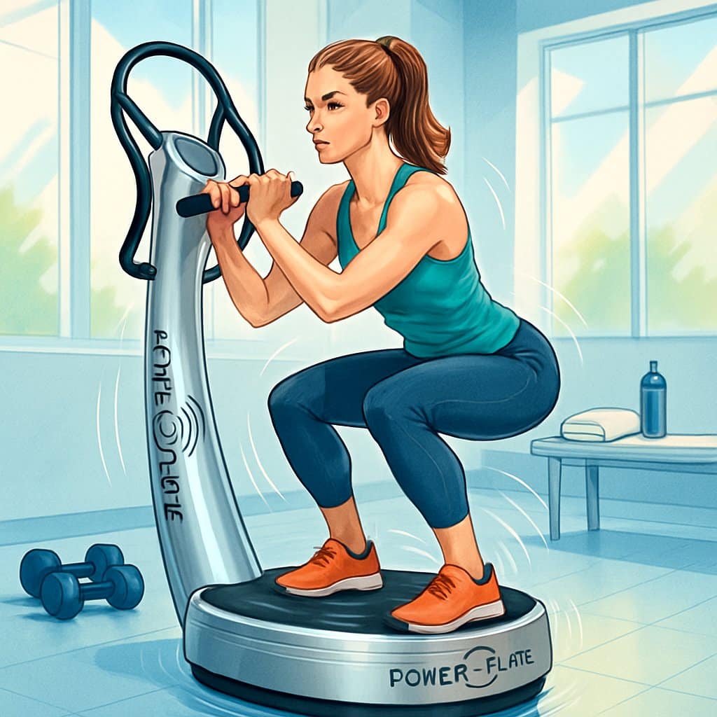 A fit woman exercising on a Power Plate machine in a bright fitness studio surrounded by workout equipment.