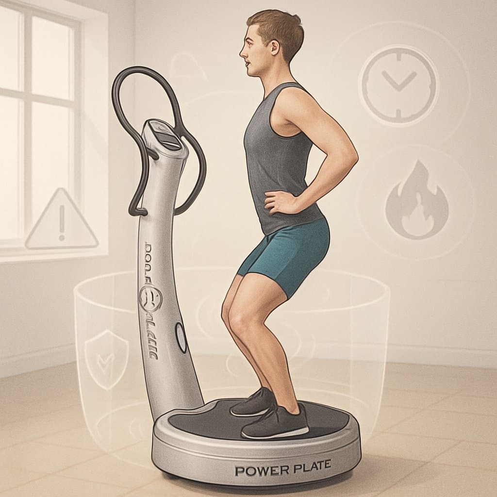 A person standing on a Power Plate machine in a fitness studio, demonstrating safe use with visual cues highlighting safety and limitations while showing muscle activation for weight loss.
