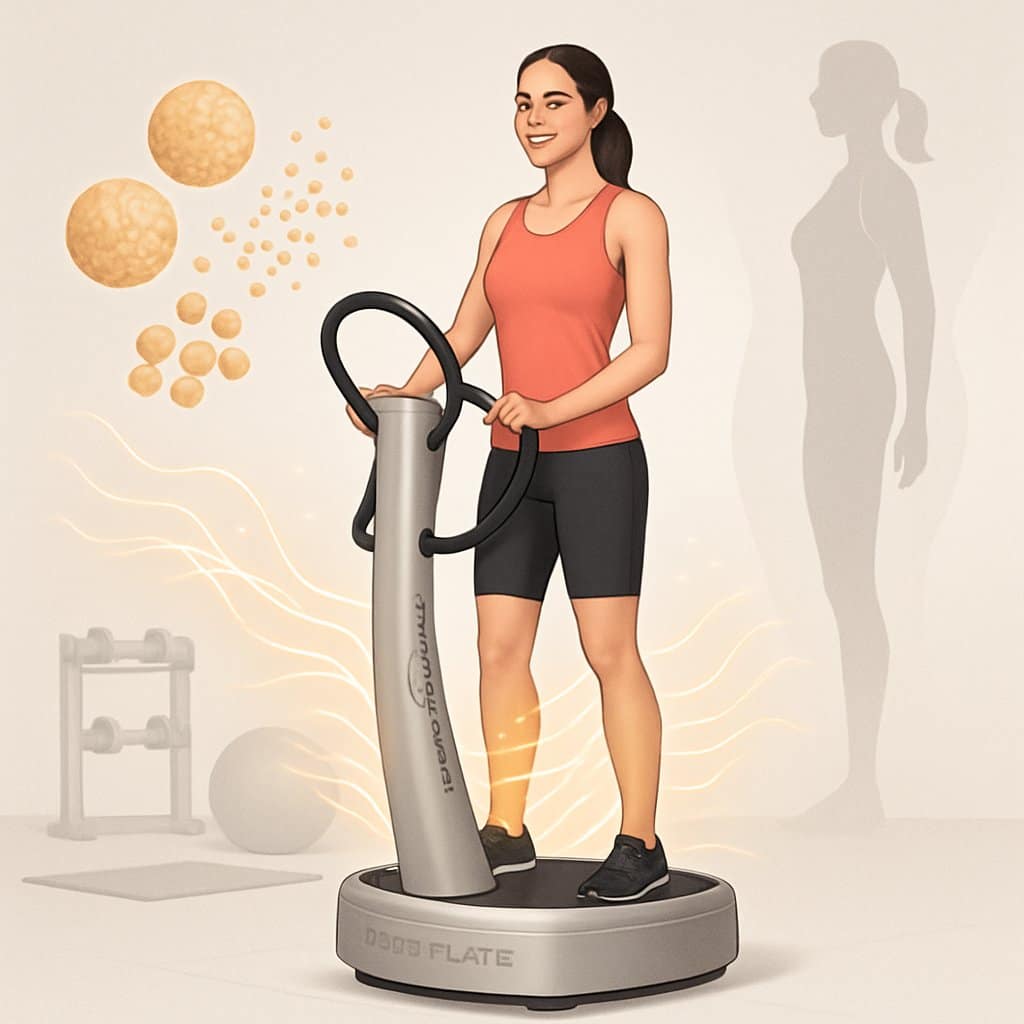 A person using a Power Plate machine in a gym setting with visual effects representing fat burning and weight loss.