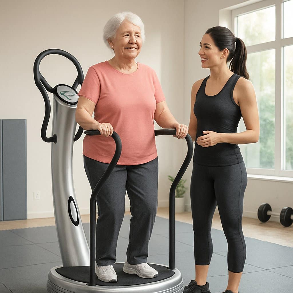 An elderly woman standing on a vibration training machine with a trainer nearby in a bright fitness studio.