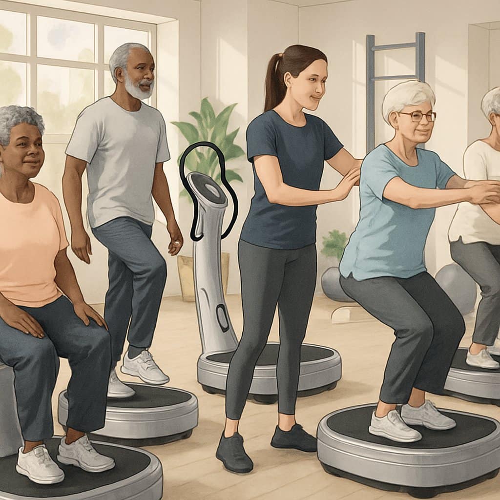 A group of senior adults exercising on Power Plate machines in a bright fitness studio with an instructor assisting them.